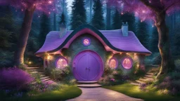 hobbit cottage in the woods surrounded by trees with fairy lights with a whimsical like feel, with pinks, blues, purple colors, circular door, circular windows, cottage is actually set back into a steep bank, illustration