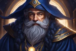 Old dwarf, male, gray braided beard, dark gray curly hair, wearing dark blue robes, starry robes,dark blue pointed hat, starry hat, magical, gold enchanted necklace, fantasy, glowing, portrait,wizard study background, well lit. fantasy concept art, exquisite realism, a masterpiece, dynamic lighting, hyper detailed, intricately detailed, deep color, Unreal Engine, volumetric lighting , Epic cinematic brilliant stunning intricate meticulously detailed dramatic atmospheric maximal,