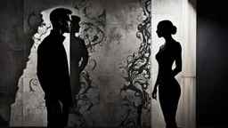 An attractive athletic man silhouette standing very close to a woman silhouette against a modern wall. He leans toward her confidently, one arm resting against the wall beside her. Woman looks up at him, her face mostly hidden. romantic tension,. His face is partly in shadow,, fit build, black fitted shirt. Dark indistinct background, black, charcoal, and deep tones, cinematic