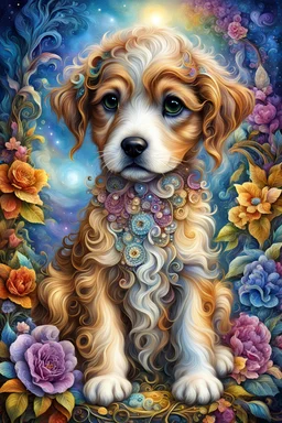 In the style of josephine wall, a beautiful puppy, sitting, stunning, spectacular, 3D