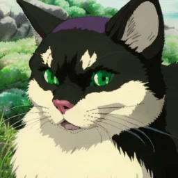 Portrait of a fluffy tuxedo cat with green eyes in a Victorian dress