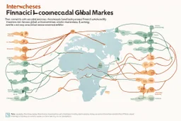 An infographic showing the interconnectedness of global financial markets, including stock exchanges, commodity markets, and bond markets. flat. No text
