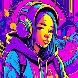 masterpiece, intricate details, a wide angle 2D anime bold line flat colour illustration of a cheerful girl in a high purple hoodie and headphone in hip hop style, dopamine style, overlaying mixed patterns of pop art text and emoji device installations, sharp focus, charming character illustration, beautiful vibrant kuler palette gradient