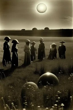 a 1900's photograph of aliens in a field watching a total eclipse of the sun