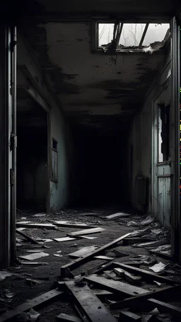 The frame opens onto abandoned buildings, an atmosphere of horror
