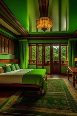 a hotel room with a green theme with Bhutanese architecture and two single beds. show the whole room layout