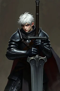 Short white hair, human, clad in heavy black armour holding sword