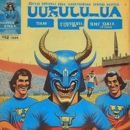 A 1980 medieval london comic cover of uruguayan sky-blue football magazine. At the street city, Monty Pyton. Estadio Centenario Montevideo. Satan, devil, horns. Happy.