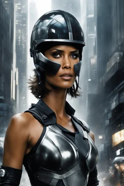 The streets of Mega City One were alive with the constant hum of activity, but in the midst of the chaos, a figure stood tall and resolute. Halle Berry, part of the judges' team, commanded attention as she surveyed the sprawling metropolis. The helmet, a symbol of authority and unwavering justice, rested firmly on Berry's head, obscuring her features but amplifying the aura of power that surrounded her. The citizens of Mega City One couldn't help but be drawn to her presence, instinc