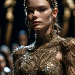 Stunning close-up shot of a model on a catwalk wearing an intricately detailed sparkling dress