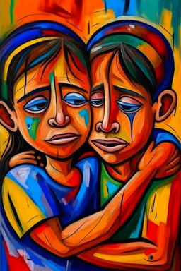 a girl hug her brother and both crying sadly, expressionism, Pixar style, in abstract art Basquiat, Picasso, Miro, Kandinsky, Klee, Birell, Fairey, Ardon, Buffet aand Picasso style, HD --s 750 --v 5.1 --style raw, water color