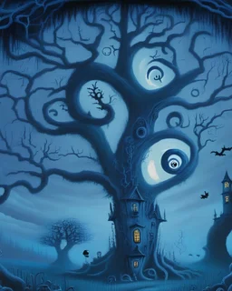 A moody, Tim Burton-esque painting of a whimsical, gothic landscape, featuring twisted trees, a haunted mansion, and a cast of quirky, otherworldly characters, capturing the darkly comedic and visually striking style of beloved fantasy films.