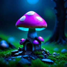 "Close up of a wonderful tiny Mushroom Tower home. Magenta and blue with bright white, deep black and contrasting tones of gray magenta and violet colors. Illuminated bioluminescent forest. Professional painter, master at composition. small but detailed. broken, blurred background, voluminous lighting"