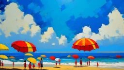 Impressionist painting of a beach with figures under vibrant red and yellow umbrellas, under a blue sky and white clouds.