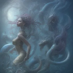 sango fantasy, fantasy magic, intricate, sharp focus, illustration, highly detailed, digital painting, concept art, matte, artgerm and paul lewin and kehinde wiley, masterpiece sexy lips Asian afro lips black African lady body mermaid Dragon fish head blue space lady sea under water mermaid seaweed pyramid sun moon