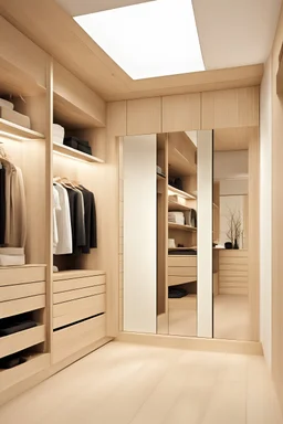 Generate a modern closet, made out of wood,, with windows, a mirror, vegetation. With interior design and attention to details.