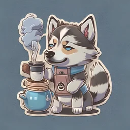 Make it as a sticker. Cute husky puppy barista. Holding a steaming mokka pot in paw. 4 paws. comic art.