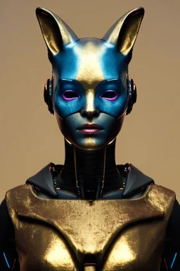 Medium Close Up Portrait, Front image. cyberpunk, rabbit mask, sweet woman, gold hair. latex suit army. Pink, black, blue, color. Cyborg style. Color background, photo studio. Avatar image, highly detailed, concept art, smooth, unreal engine 5, ray tracing, RTX, lumen lighting, ultra detail, volumetric lighting, 3d, finely drawn, high definition, high resolution.