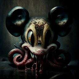 squid mickey mouse hybrid, photorealism, horror, evil, hungry, rotted, high resolution,