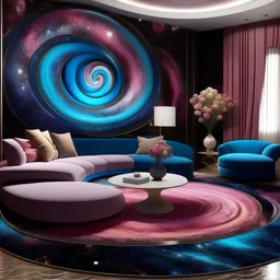 A vibrant and mesmerizing spiral galaxy, filled with beautiful hues of blues, pinks, and purples, gracefully adorns the walls of a luxurious and stylish living room. The room itself is bathed in soft, ambient lighting, casting a warm and inviting glow on the elegant furniture and intricate decor. Every detail has been carefully curated to create a space that is both visually stunning and exceptionally comfortable, making it the perfect spot to relax and indulge in the wonders of the galaxy.