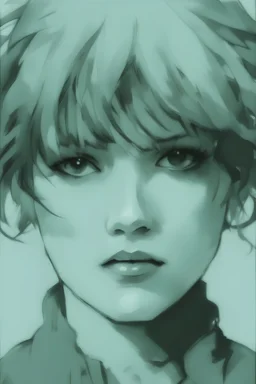 Portrait of a young female with short wavy hair, and tan skin color, drawn in Yoji Shinkawa style, black and white with a gray background.