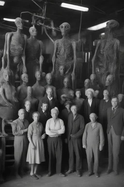 1900's black and white vintage photo, interior, working (alien) organ manufacturing factory warehouse, unhappy and angry,stange long grey alien human hybrid creature with a family that is super sad, captured on square format film, grainy brown, aged, old men depressed, tired