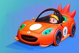 whimsical cartoony sports car, with a small mascot character with a racing helmet on driving it, celshaded comic style, happy atmosphere