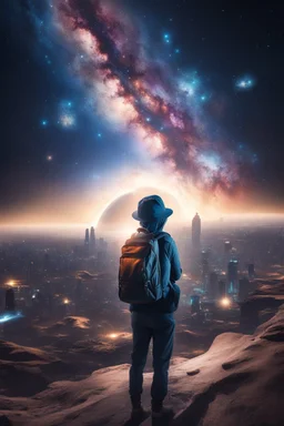 Supernova overlooking a city in the Milky Way galaxy with a person wearing a hat and a backpack with the Shift logo on it