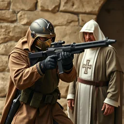 Varican close quarters fighter in modern military gear and pastor robes