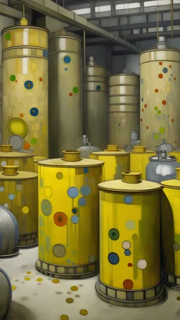 A gray factory filled with tanks painted by Gustav Klimt