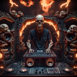 DJ of the damnded, insanely detailed DJ booth in hell, MID set, speakers and equipment made of bone, anatomically correct, add more skulls in th audience, photorealism, vray, 8k 3d