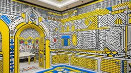 A white Arabian kingdom with a bazaar designed in ancient Greek mosaics painted by Roy Lichtenstein