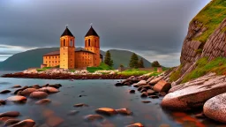 stone and brick monastery on a rocky shore