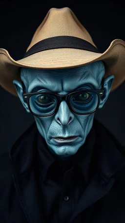 A man in black with a cowboy hat and dark eyeglasses a body shot of a super blue skin alien, full head, old, looking at the camera, super big head, super big black eyes, small mouth, no ears, total black skin. photo real, hyperrealistic, high dynamic range, rich colors, lifelike textures, 8K UHD, high color depth. neutral dark background.