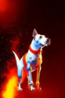 white and orange dog flies to the space with a rocket, in space, realistic, 4k, Cinematic,