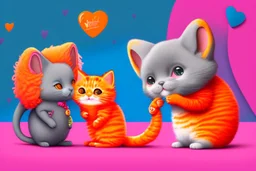 a fluffy orange kitten makes friends with a cute gray mouse on Valentine's day, happy vibe studio lighting fantastic view colourful very cute Lisa Frank richard scarry