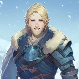 A nord male battlemage from Skyrim, partial steel nordic armor, blond hair of medium length, hearty, smiling, thick short beard, snowy mountainous background