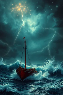Bosch painting nightmare , a boat in a high waves in the middle of the ocean in dark storm and thunders starry night in the cloudy sky , cinematic scene, great photography, 8k , high quality