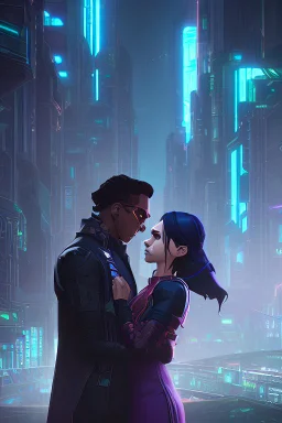 Science fiction, cyberpunk, city street, couple girl and guy, together, love at first sight, forbidden love