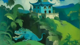 A cyan palace on a peak with a dragon guarding it painted by Paul Gauguin