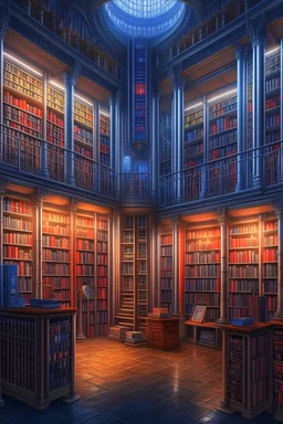 fantasy illustration of science fiction library, decorated in science fiction style with lot of books, trending on artstation, sharp focus, studio photo, intricate details, highly detailed