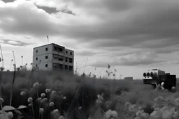 landscape ,minimal ,Photo with an old analog camera. Black and white. Part of a strange dream. white clouds wide plain The big building between them. like pink floyd pigs land scape from a weird dream captured with the first model of dreamrecorder by gnom industries inc