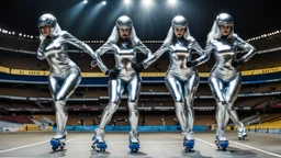 Hyperrealistisch vier-mal-vier Rollergirls völlig verhüllt von hermetischen silber glänzendem Ganzkörper-Zentai mit geschlossenem undurchsichtig verspiegeltem Visier in identischen silberfarbenen, geschlossenen Helmen fahren in präziser Formation parallel nebeneinander und hintereinander mit silbernen Rollerskates unter Stadion-Flutlicht auf Asphalt