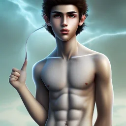 beautiful, slender, handsome 12 year old arabic boy with very long curly hair and light blue eyes, shirtless