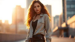 Create an ultra-realistic cinematic 8K fullbody of lady mode skin texture, add makeup,pretty boots,curvy long hair. Style: fashion editorial, confident standing pose. Lighting: warm golden hour sunlight, soft rim light. Background: softly blurred urban bokeh. Camera look: shallow depth of field, film grain, cinematic color grade. Outfit: keep similar to the original or elevate slightly with premium casual style.