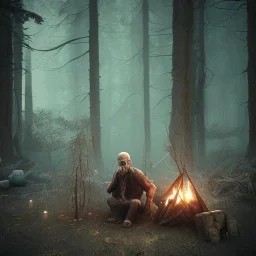 old zombie sitting near campfire, scary, steam punk, realistic, made in octane, cinematic, ultra-realistic, extremely detailed octane rendering, 8K, VRAY Super Real ar 2:3, dof photorealistic futuristic 50mm lens hard lighting dark gray tintype photograph, realistic lighting, sepia color