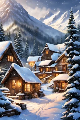 Snowy, mountain village, nestled near cozy cabin, holiday card