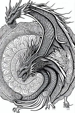 coloring book page of a flying dragon, mandalas