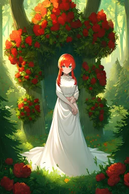 Young Elf, Cute Girl, Orange Red Hair, Dark Aqua Eyes, Simple White Dress, Blooming Flowers, Pine Forest, Deep Color, Intricate, Natural Lighting, Beautiful Composition