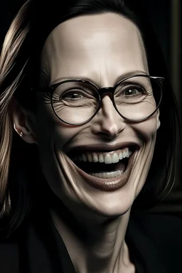 bald Angelina Jolie glasses braces dark laugh perverted face